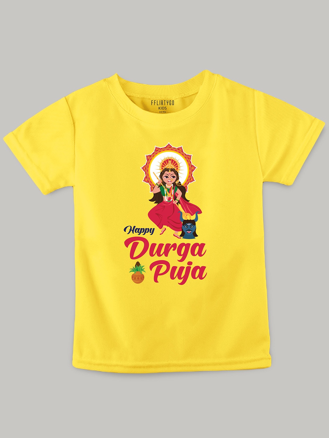 

FFLIRTYGO Kids Durga Puja Graphic Printed Pure Cotton T-Shirt, Yellow