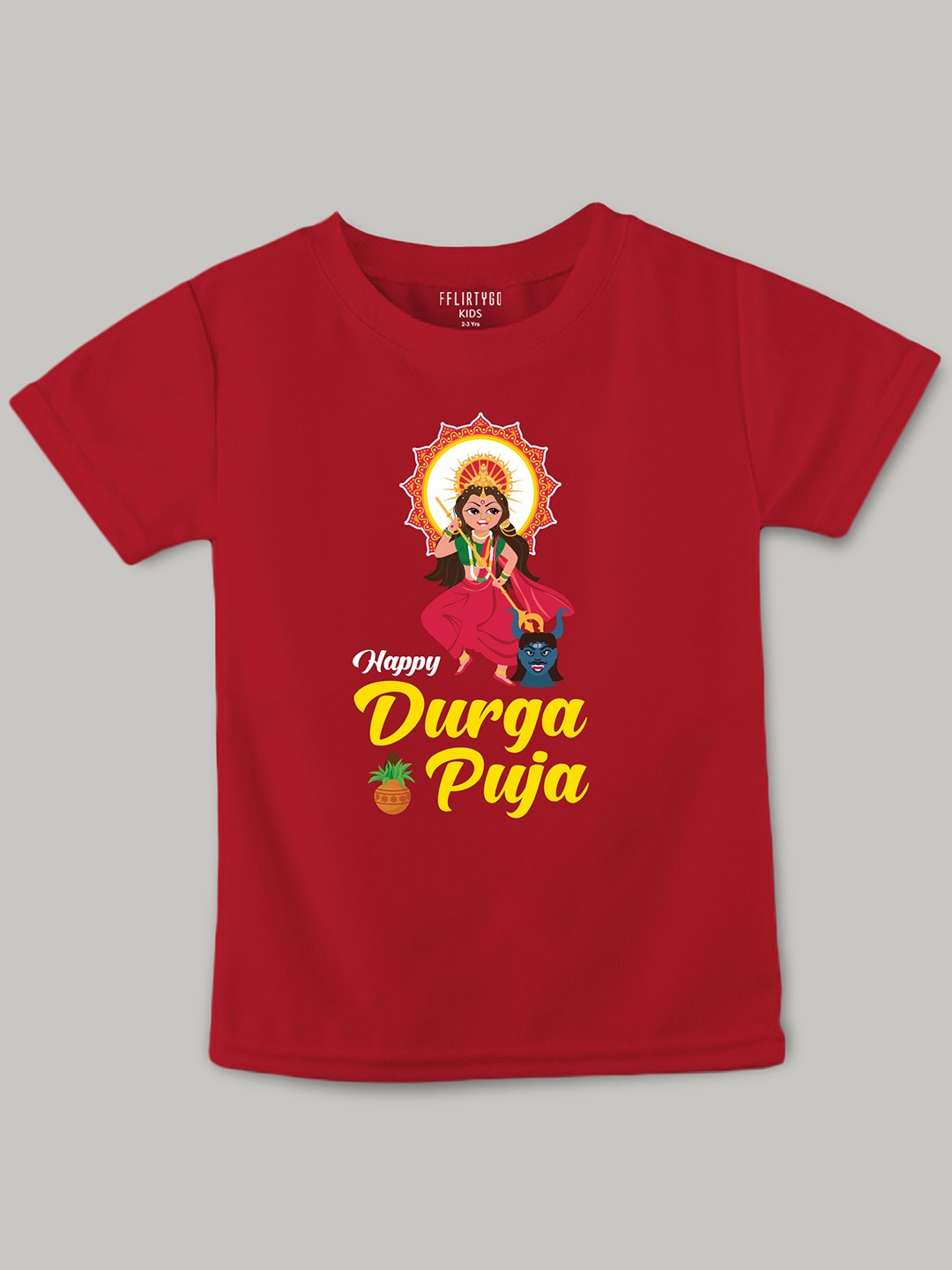 

FFLIRTYGO Kids Durga Puja Graphic Printed Pure Cotton T-Shirt, Red
