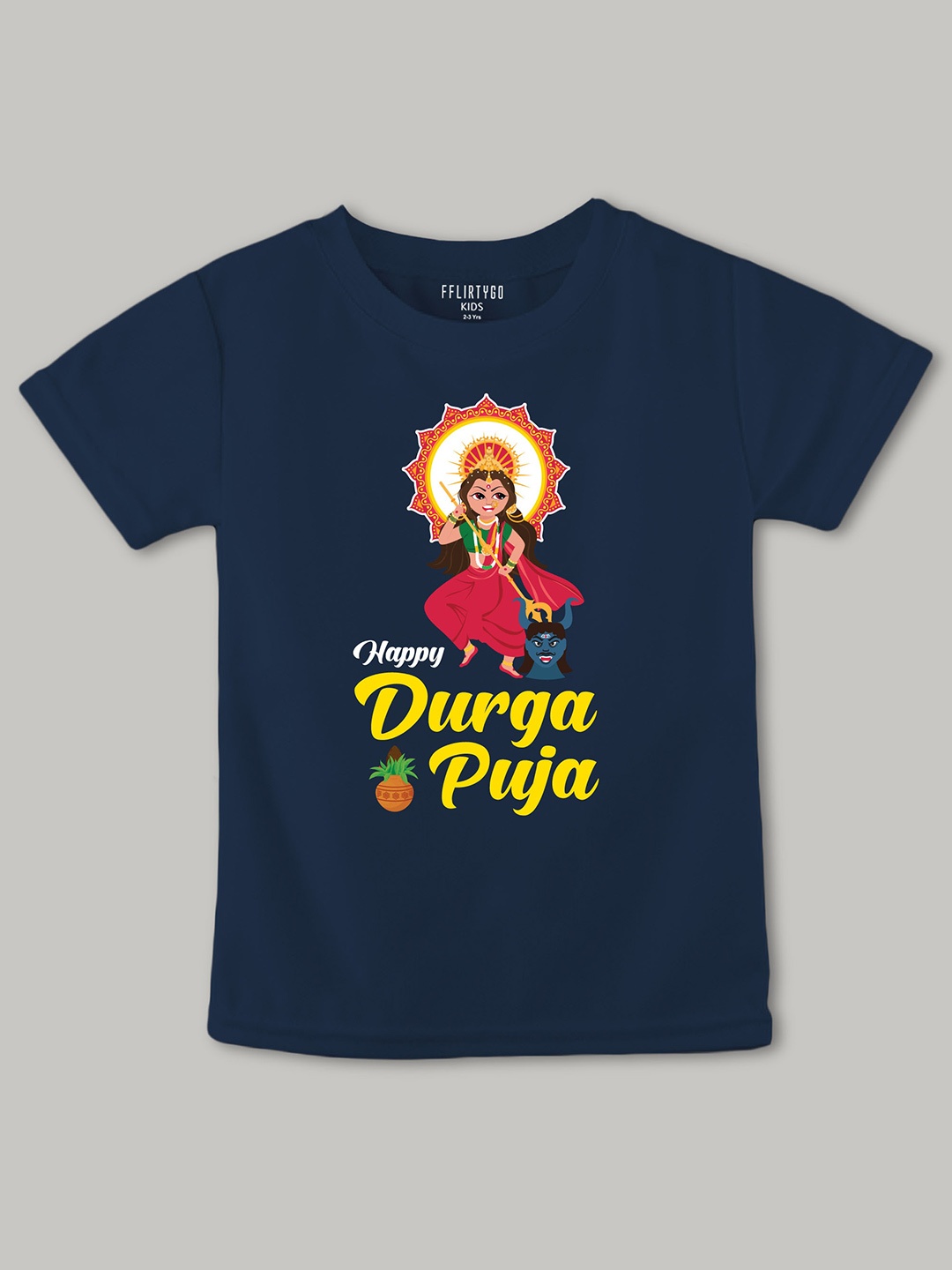 

FFLIRTYGO Kids Durga Puja Graphic Printed Pure Cotton T-Shirt, Navy blue