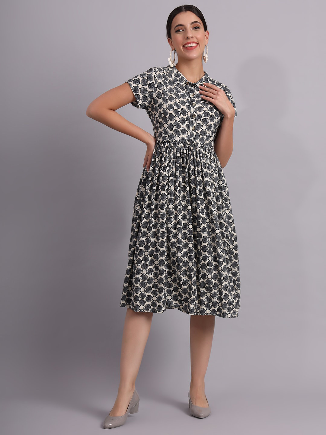

DECKEDUP Geometric Printed Fit & Flare Midi Dress, Cream
