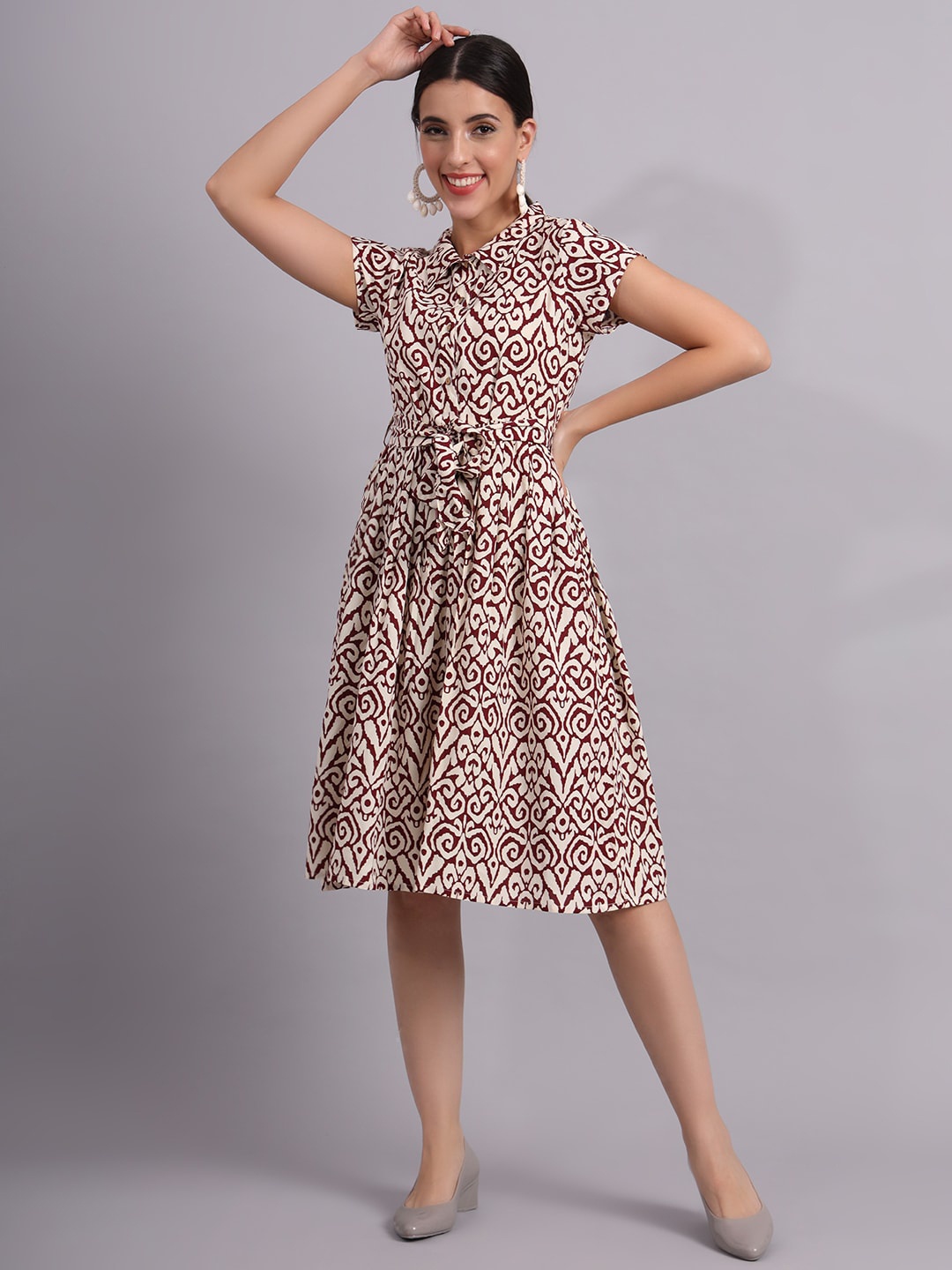 

DECKEDUP Ethnic Motifs Printed Shirt Collar Fit & Flare Midi Dress, Off white