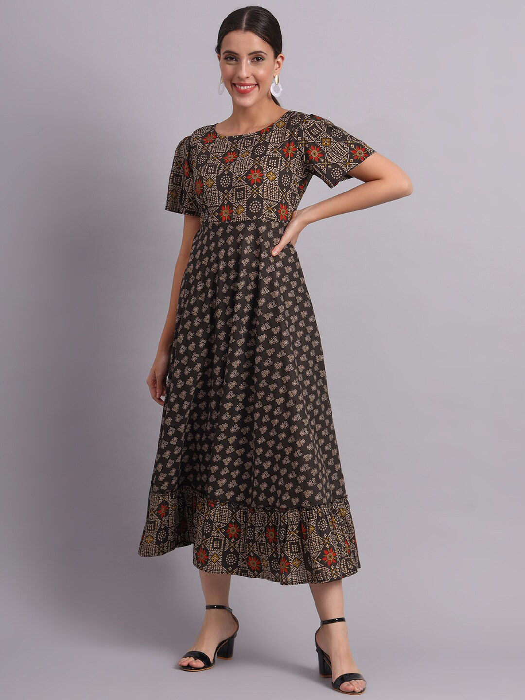 

DECKEDUP Ethnic Motifs Printed Cotton A-Line Midi Dress, Black