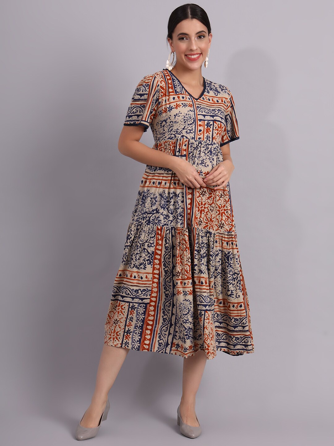 

DECKEDUP Ethnic Motifs Printed V-Neck Puff Sleeves Gathered Casual Fit & Flare Midi Dress, Beige