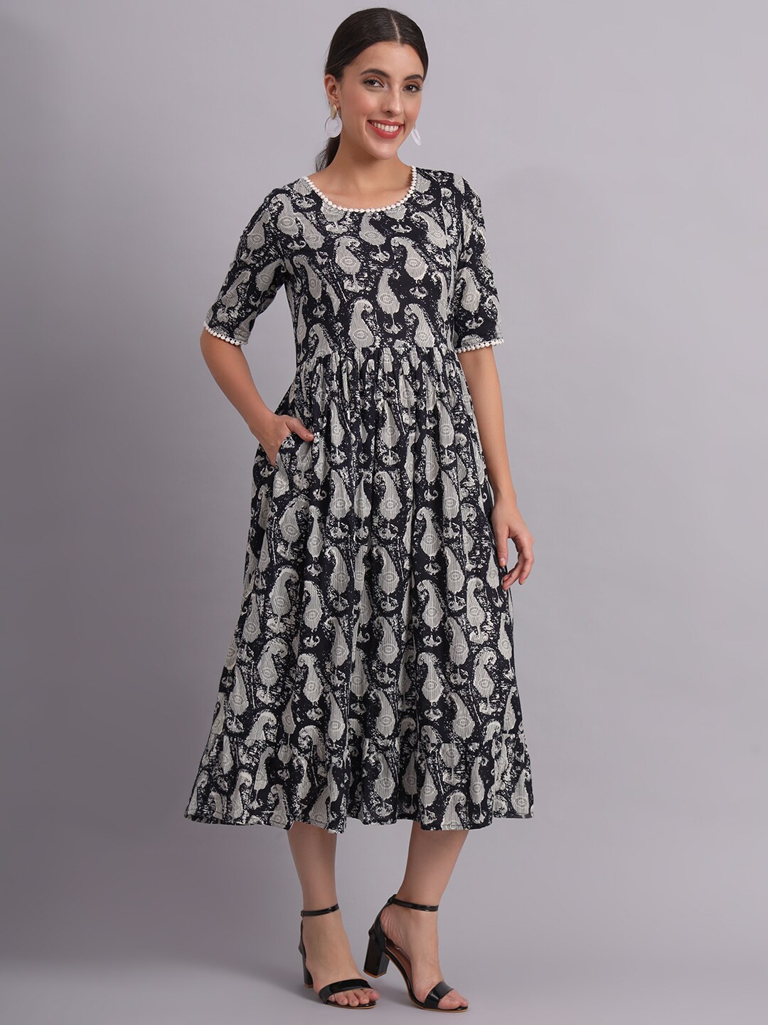 

DECKEDUP Black Ethnic Motifs Print A-Line Midi Dress