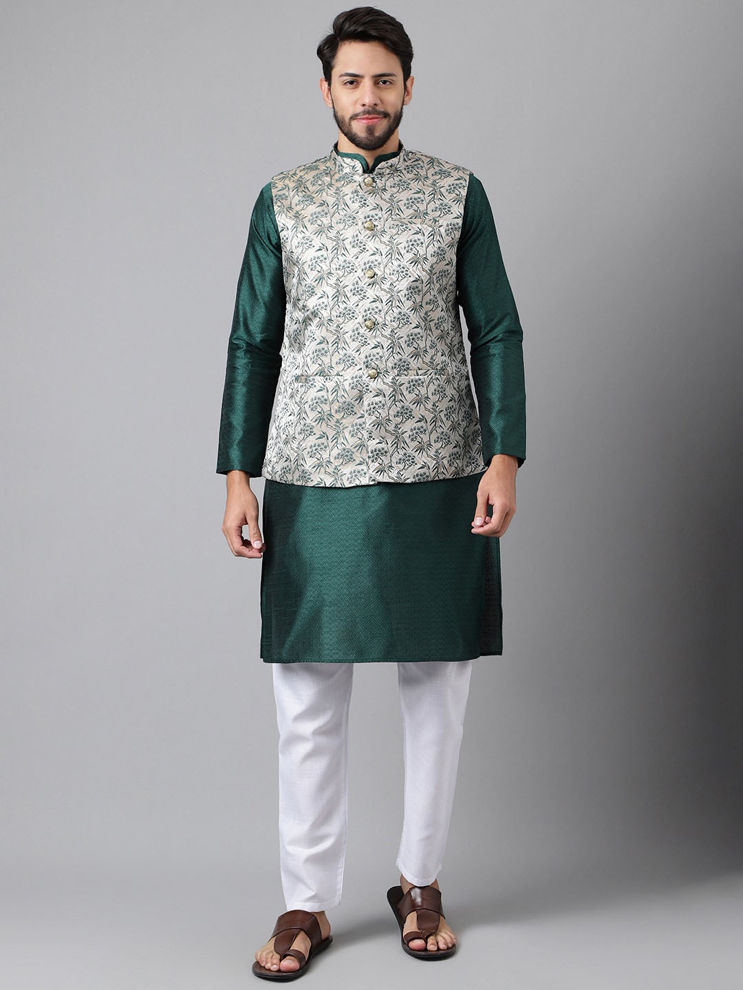 

Sangria Mandarin Collar Straight Kurta & Trouser With Nehru Jacket, Green