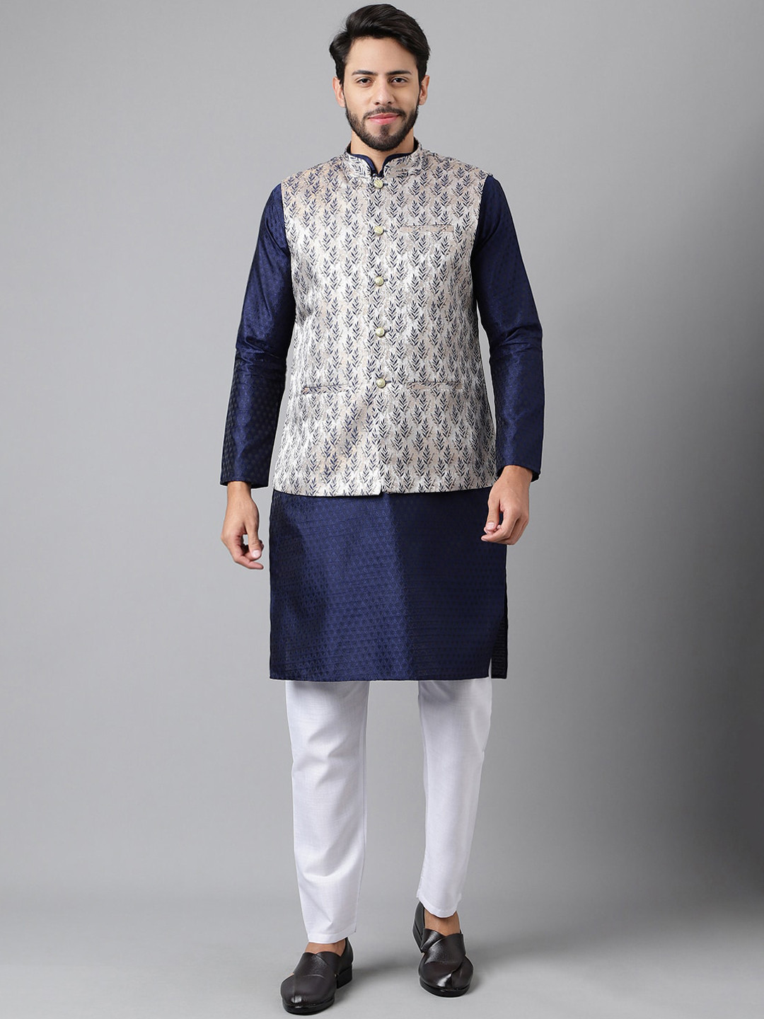 

Sangria Blue Geometric Woven Design Straight Kurta With Pyjamas & Nehru Jacket