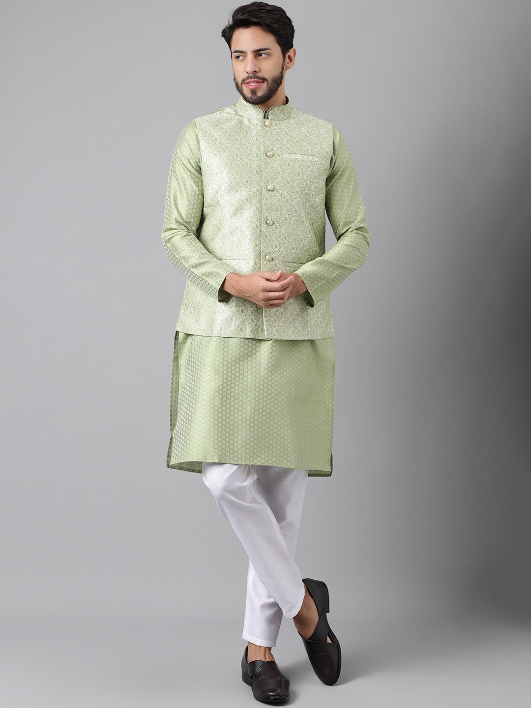 

Sangria Olive Green Geometric Woven Design Straight Kurta With Pyjamas & Nehru Jacket