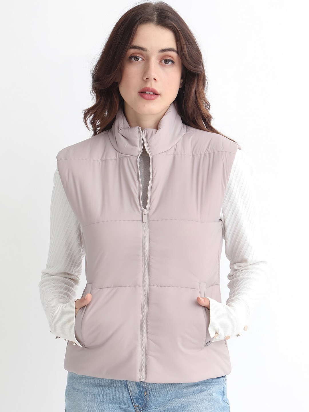 

RAREISM Mock Collar Sleeveless Padded Jacket, Silver