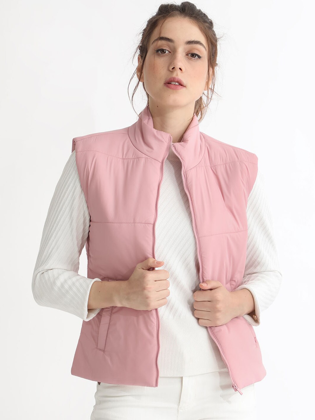 

RAREISM Mock Collar Sleeveless Padded Jacket, Pink
