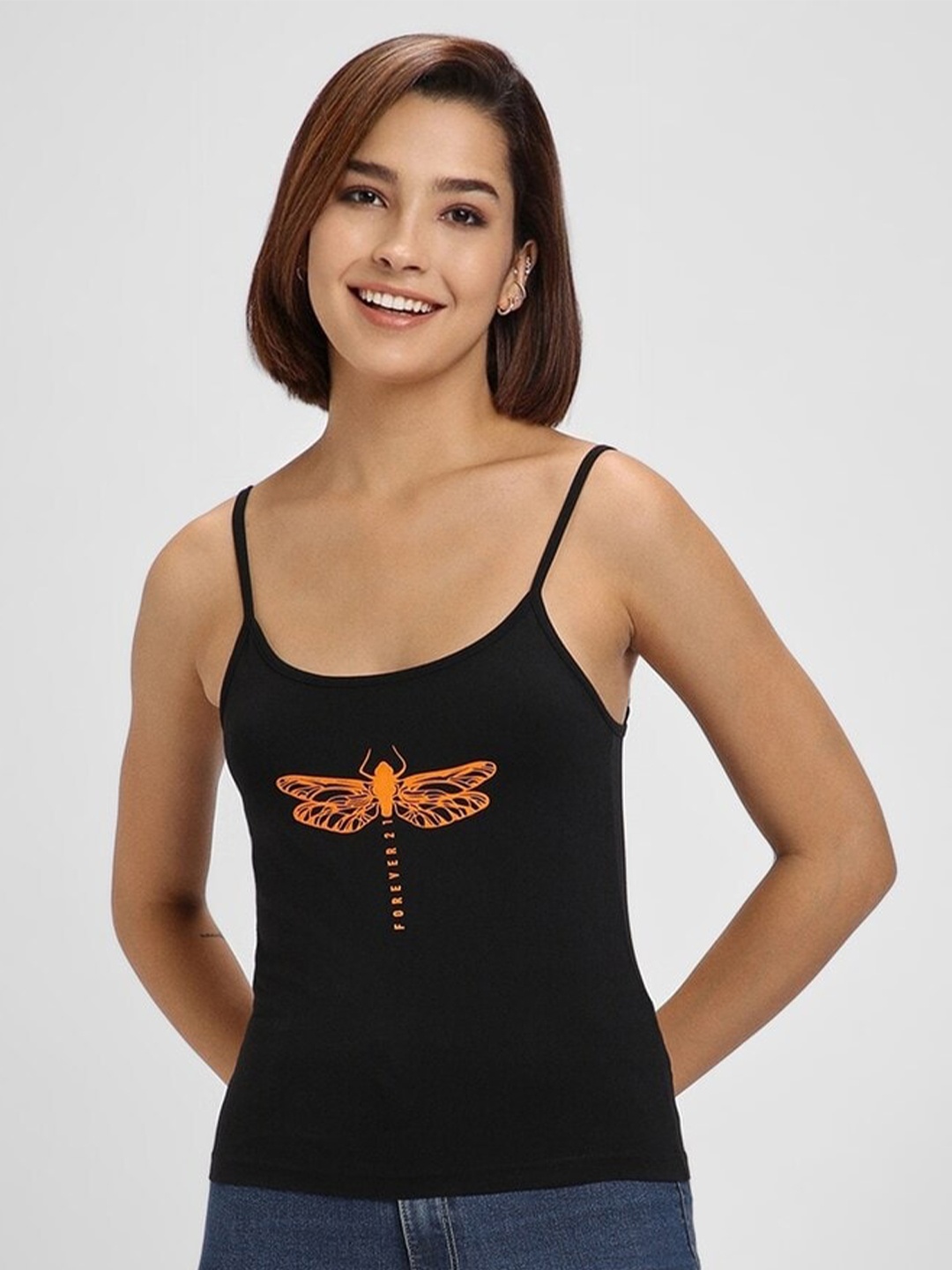 

FOREVER 21 Graphic Printed Shoulder Strap Cotton Regular Top, Black