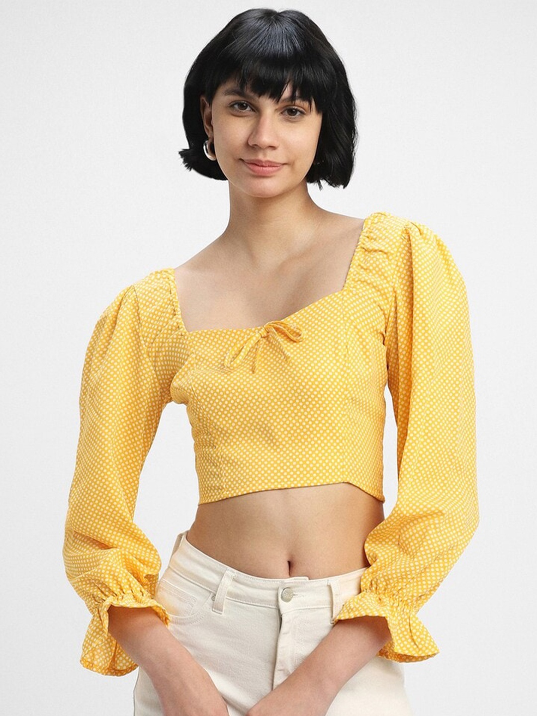 

FOREVER 21 Polka Dots Printed Sweetheart Neck Puff Sleeve Crop Top, Yellow