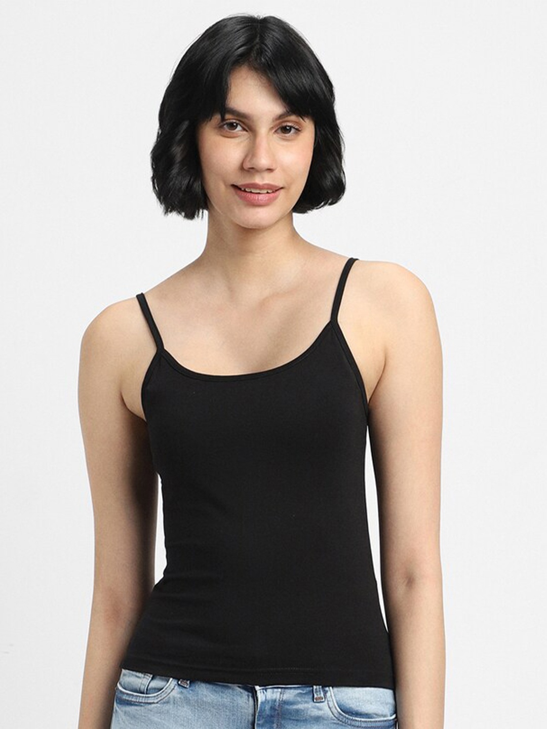 

FOREVER 21 Shoulder Strap Cotton Regular Tank Top, Black