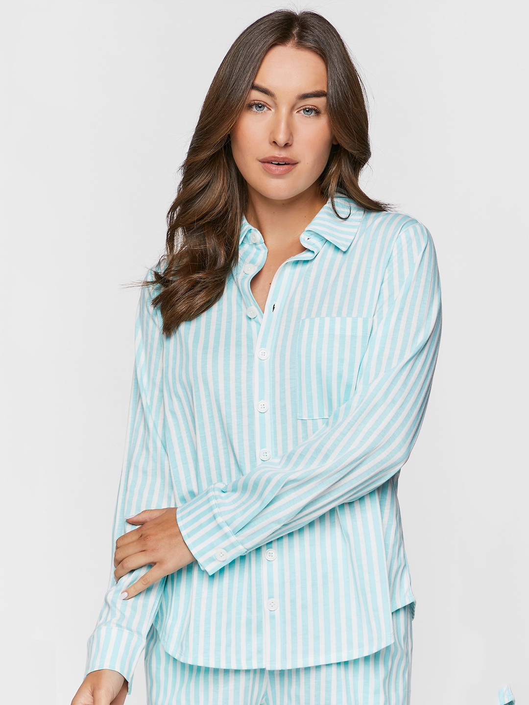 

FOREVER 21 Striped Pure Cotton Shirt Style Top, Blue