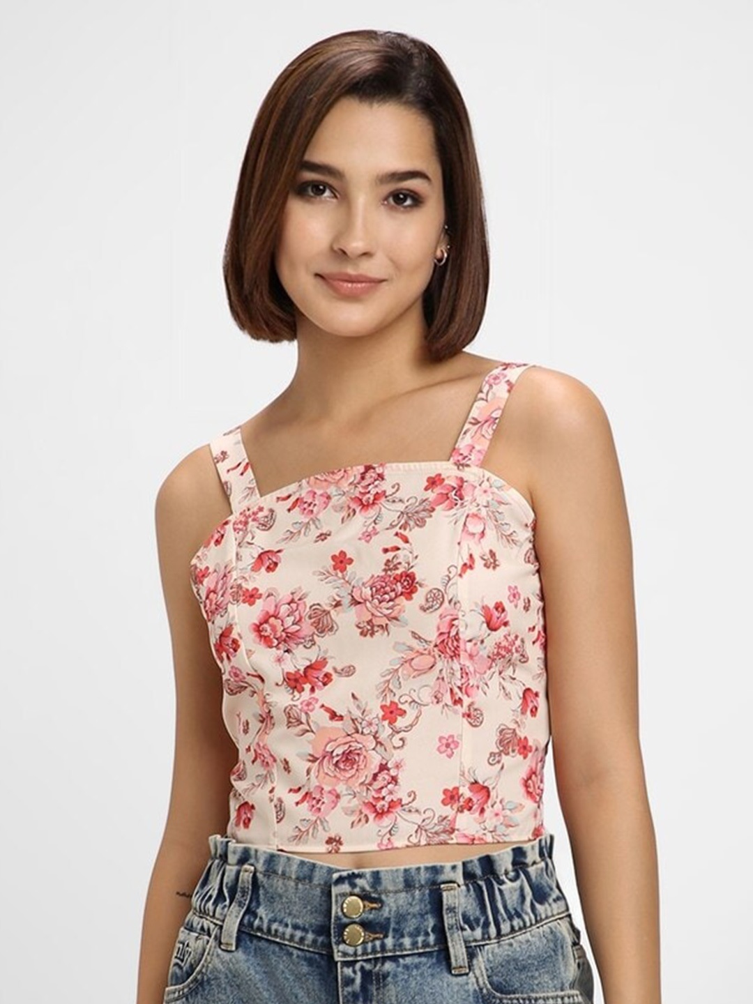 

FOREVER 21 Floral Printed Shoulder Strap Fitted Crop Top, Cream