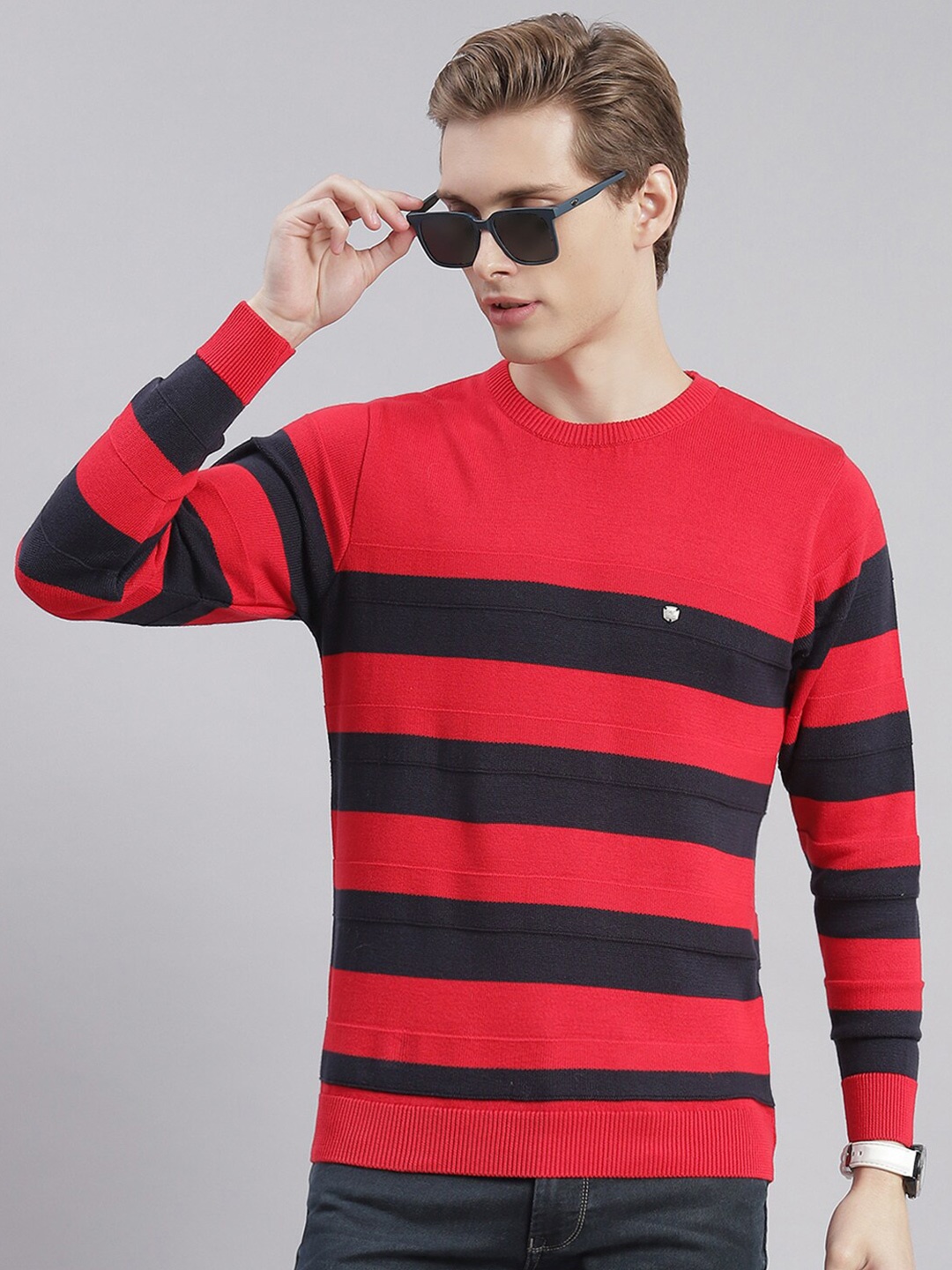 

Monte Carlo Striped V-Neck Long Sleeves Woolen Pullover, Red