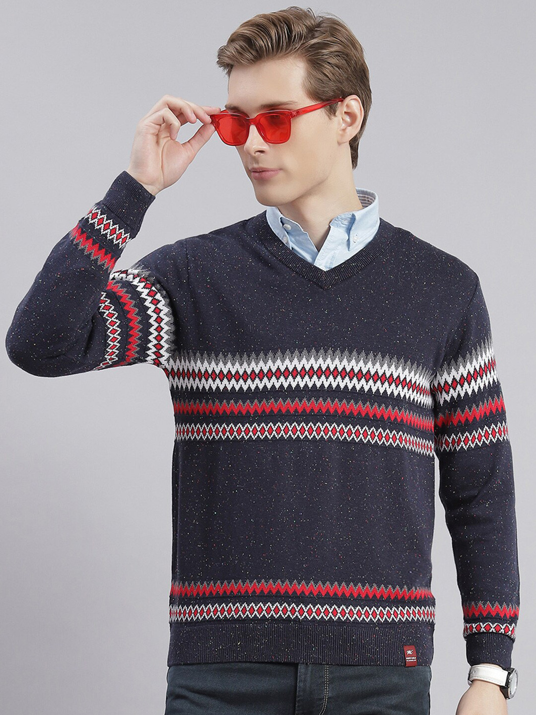 

Monte Carlo Geometric Printed V-Neck Long Sleeve Cotton Pullover Sweaters, Navy blue