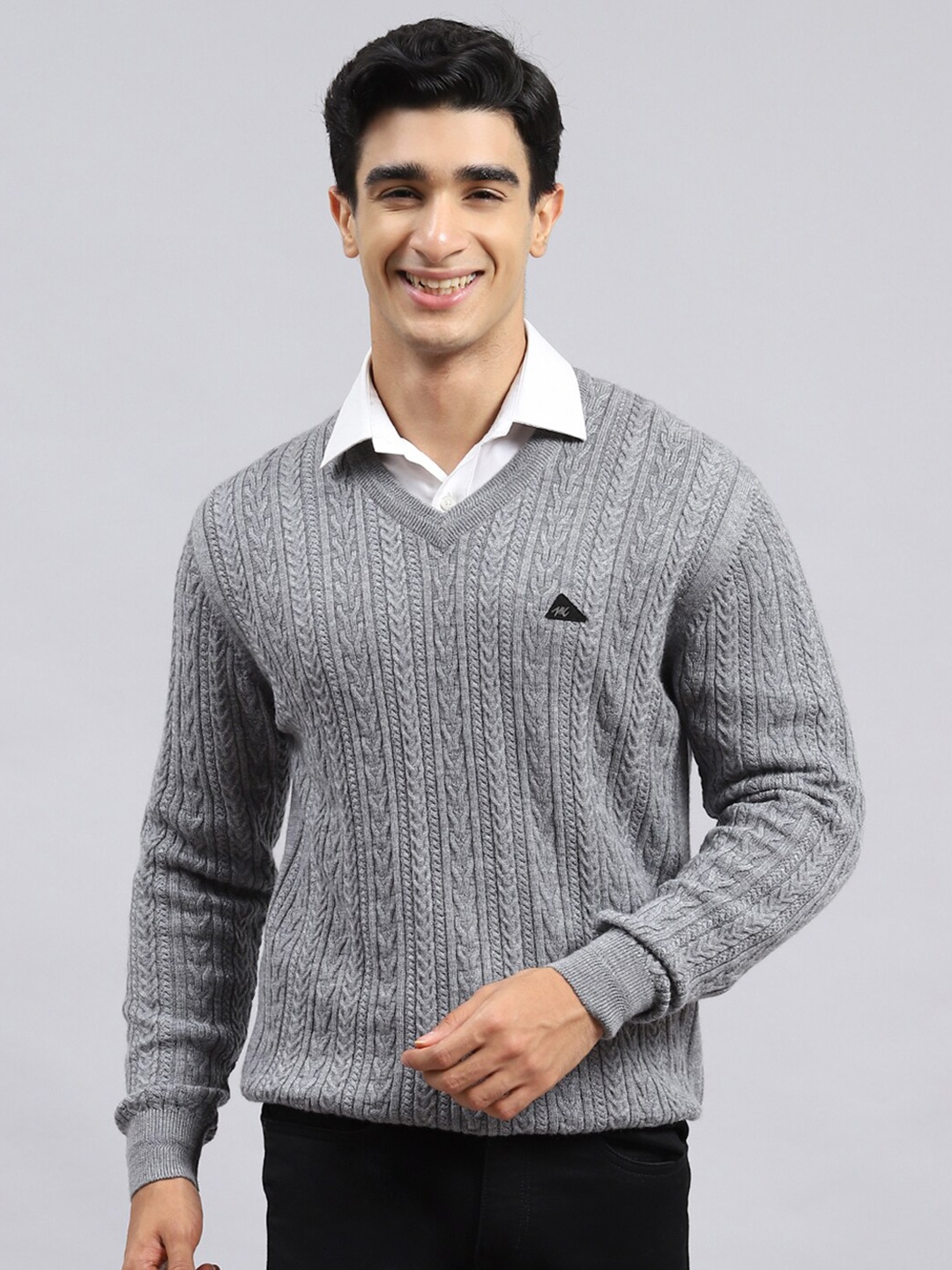 

Monte Carlo Self Design Cable Knit Woollen Pullover Sweater, Grey melange