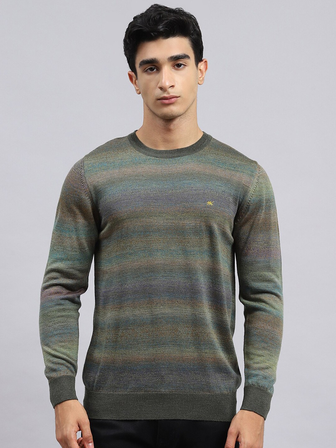 

Monte Carlo Striped Round Neck Knitted Pullover, Olive