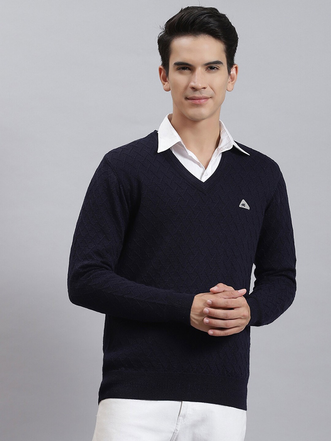 

Monte Carlo Self Design Cable Knit Woollen Pullover, Navy blue