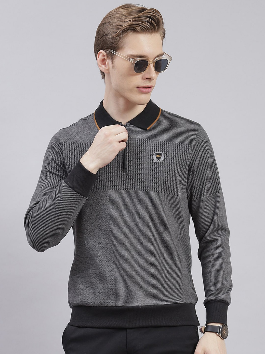 

Monte Carlo Striped Self Design Polo Collar Pullover Sweatshirt, Grey