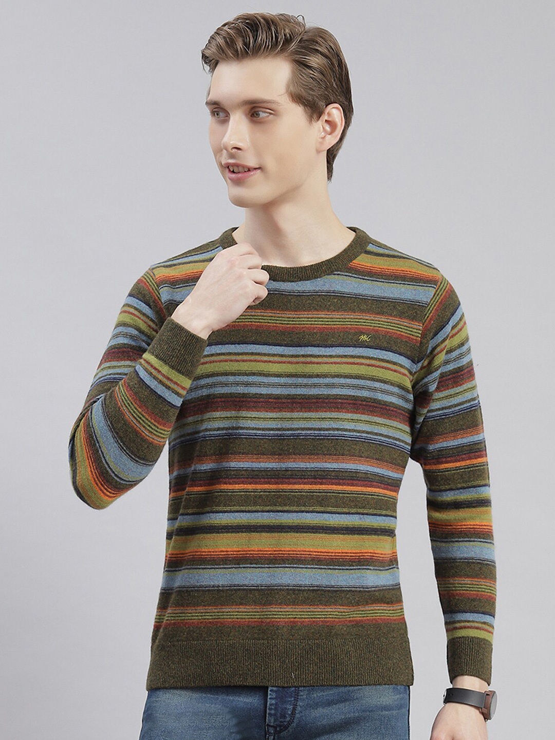 

Monte Carlo Striped Woollen Pullover Sweater, Olive