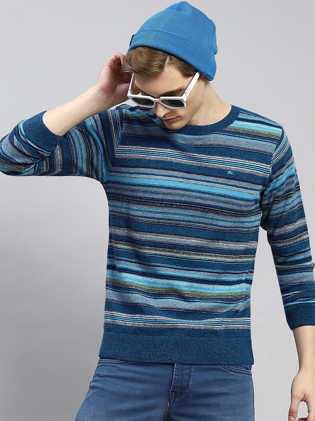 

Monte Carlo Striped Long Sleeves Woolen Pullover, Teal