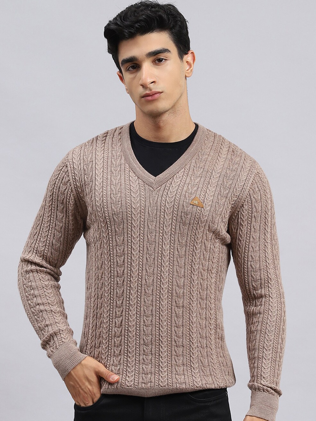 

Monte Carlo Cable Knit Self Design Woollen Pullover Sweater, Brown