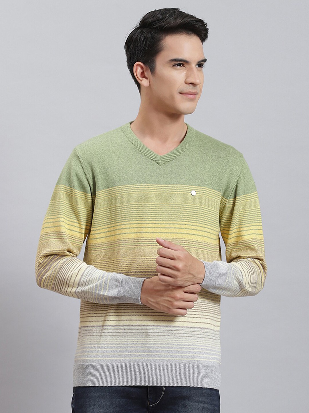 

Monte Carlo Striped V-Neck Cotton Pullover, Sea green