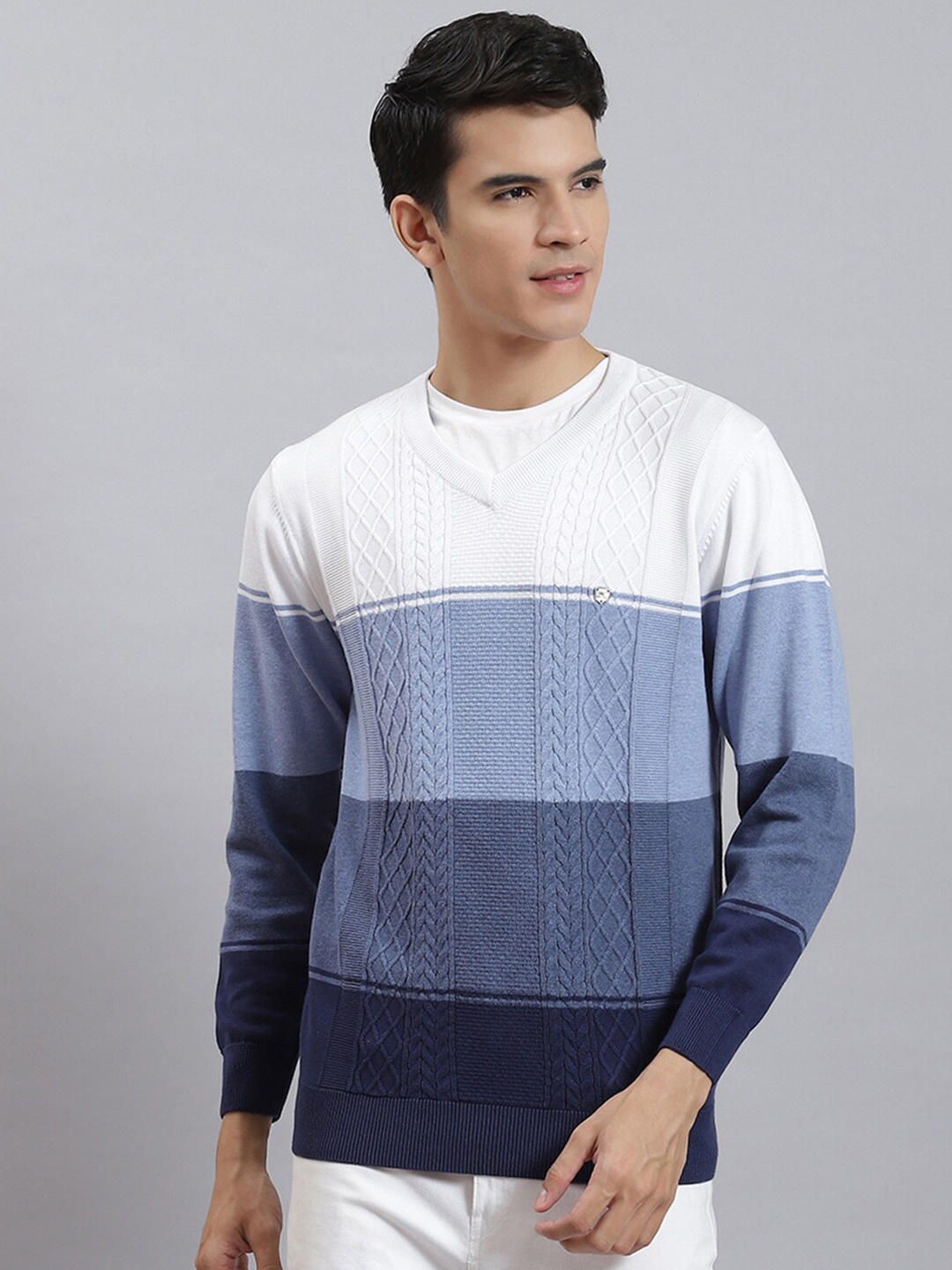

Monte Carlo Colourblocked Cable Knit Cotton Pullover, Blue