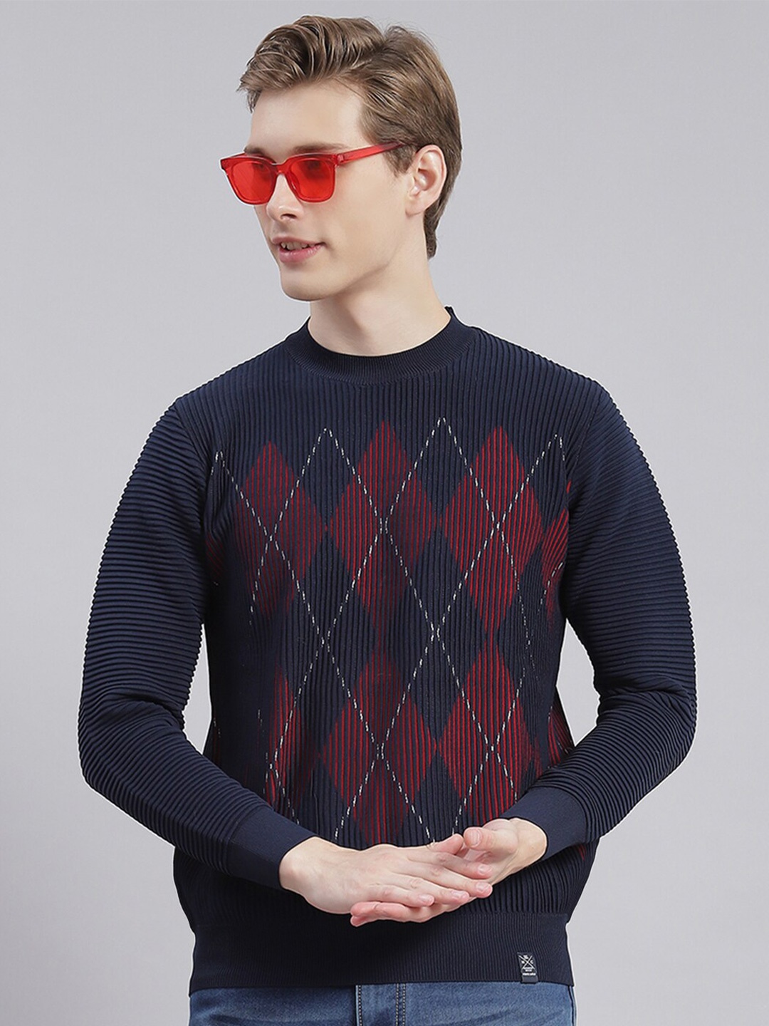 

Monte Carlo Self Design Woollen Pullover, Navy blue