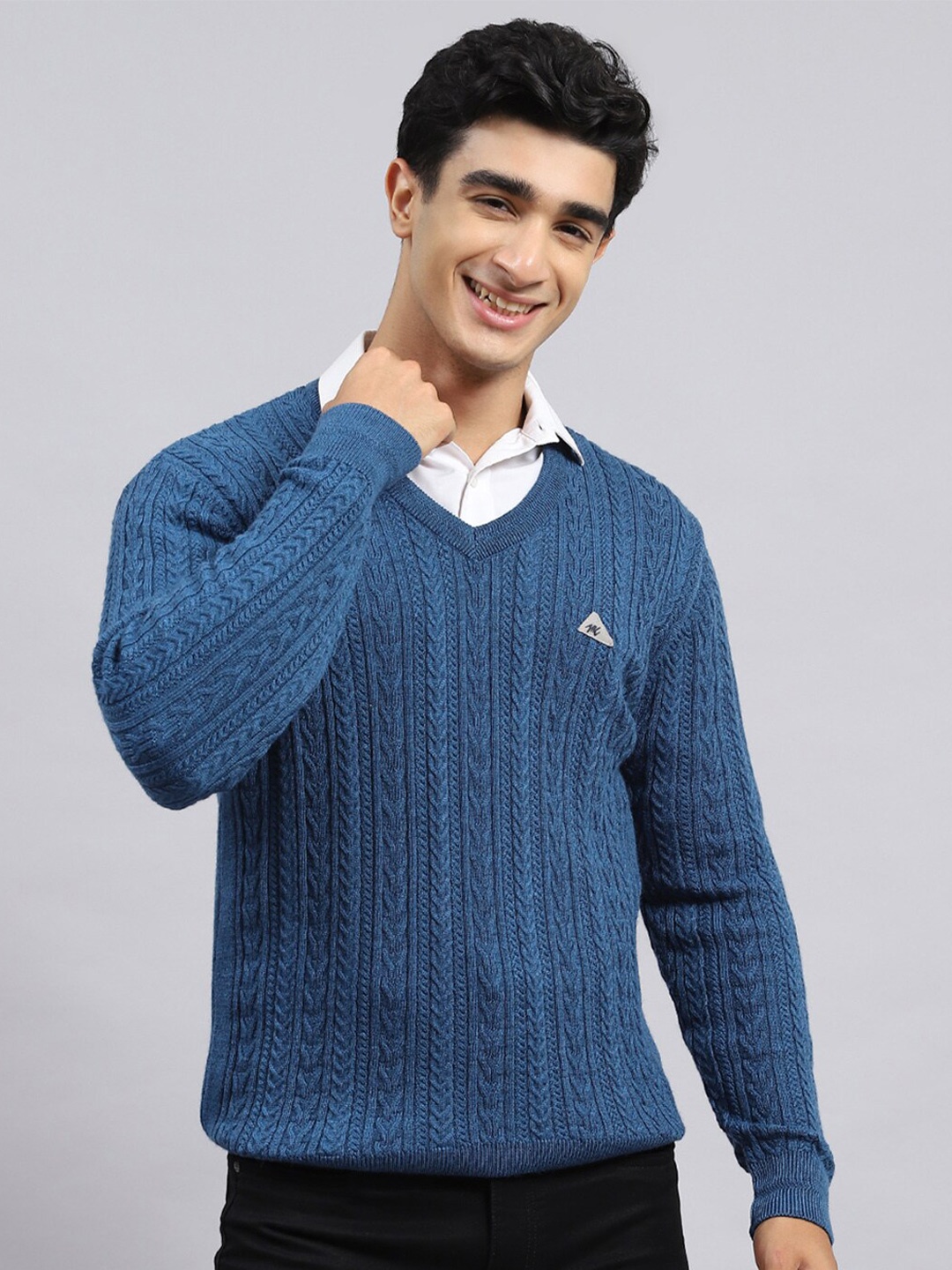 

Monte Carlo Self Design Cable Knit V-Neck Long Sleeve Pullover Sweaters, Blue