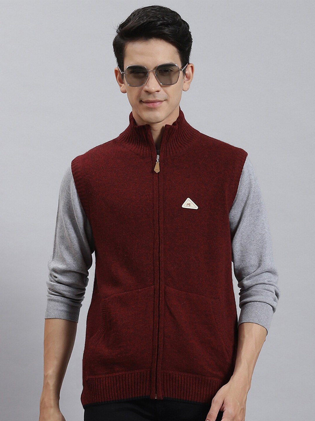 

Monte Carlo Mock Collar Wool Front-Open Sweaters, Maroon