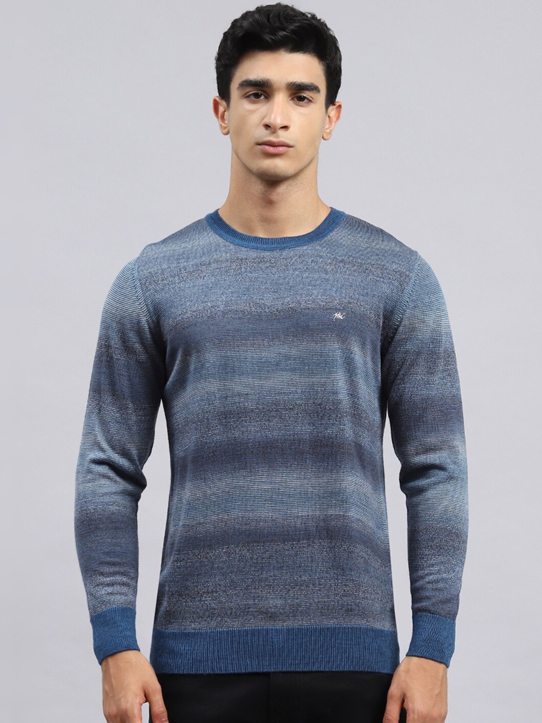 

Monte Carlo Self Design Round Neck Long Sleeves Woollen Pullover Sweaters, Blue