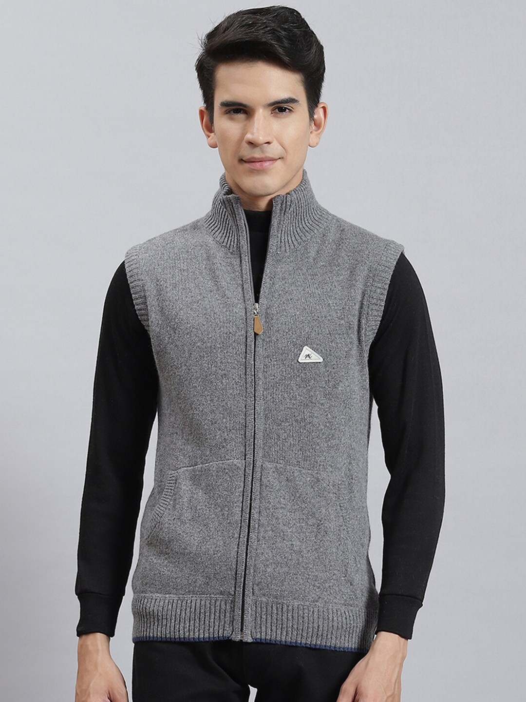 

Monte Carlo Mock Woolen Collar Cardigan with Zip Detail Sweater, Grey