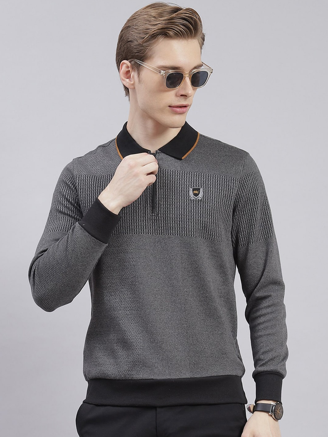 

Monte Carlo Self Design Shirt Collar Sweatshirt, Grey