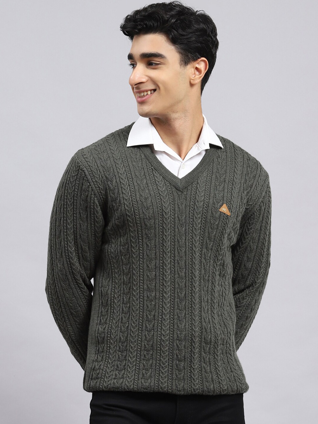 

Monte Carlo Men Olive Green Cable Knit Woollen Pullover
