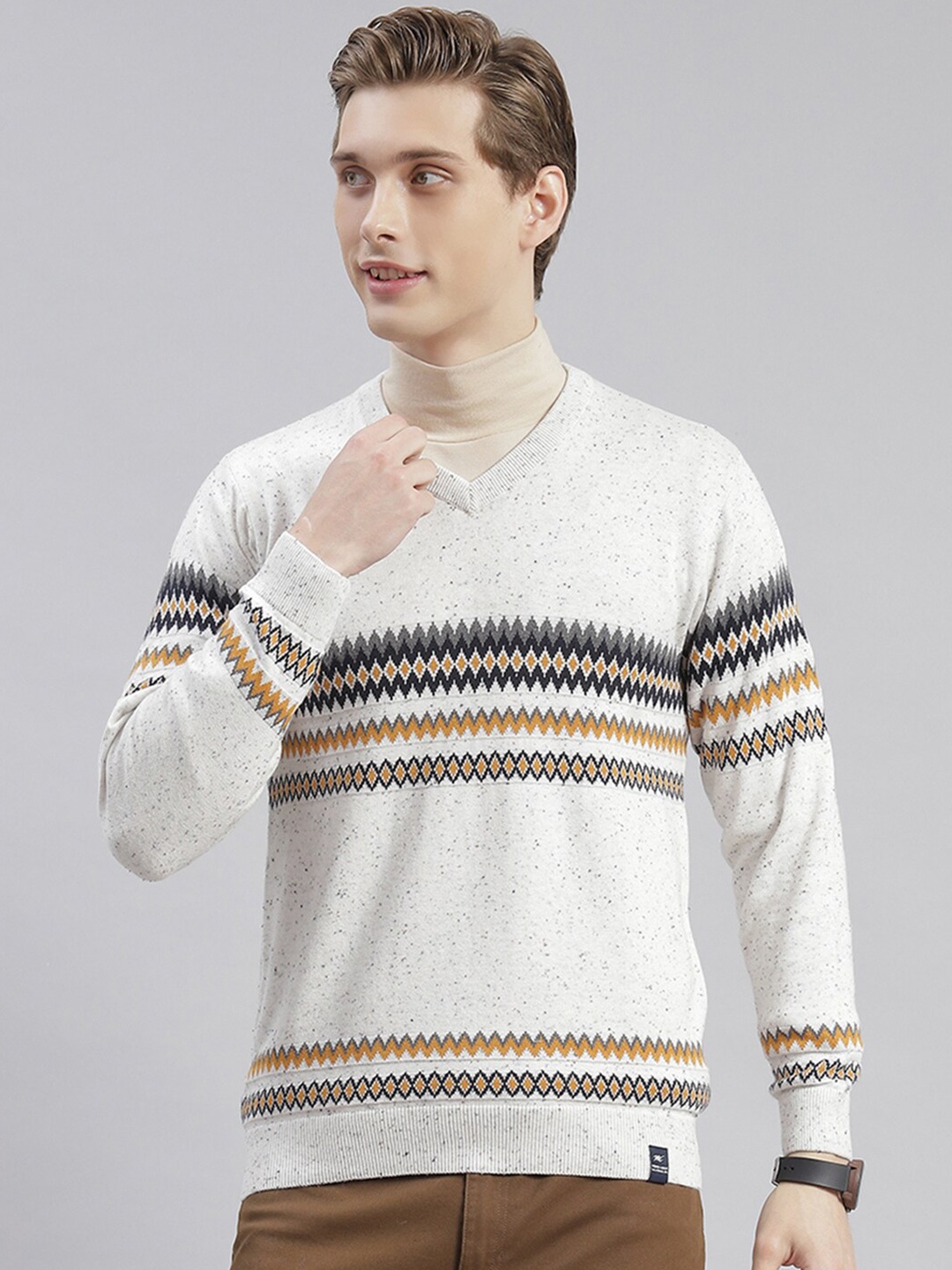 

Monte Carlo Fair Isle Self Design Cotton Pullover, Off white