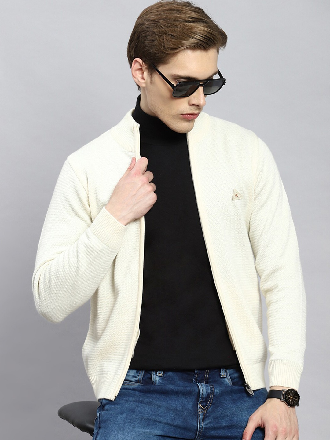 

Monte Carlo Mock Collar Woollen Front-Open Sweater, Cream