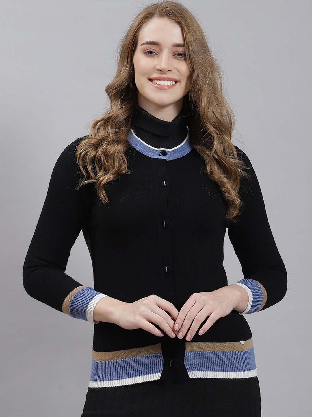 

Monte Carlo Mock Collar Woollen Cardigan, Black
