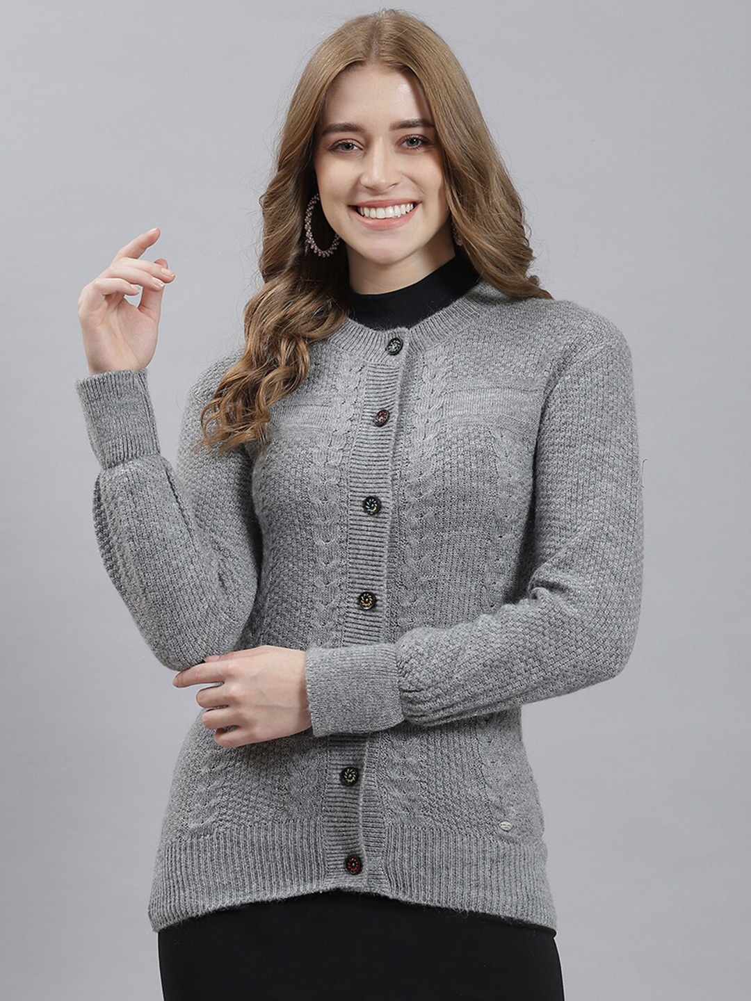 

Monte Carlo Self Design Woolen Cardigan Sweater, Grey