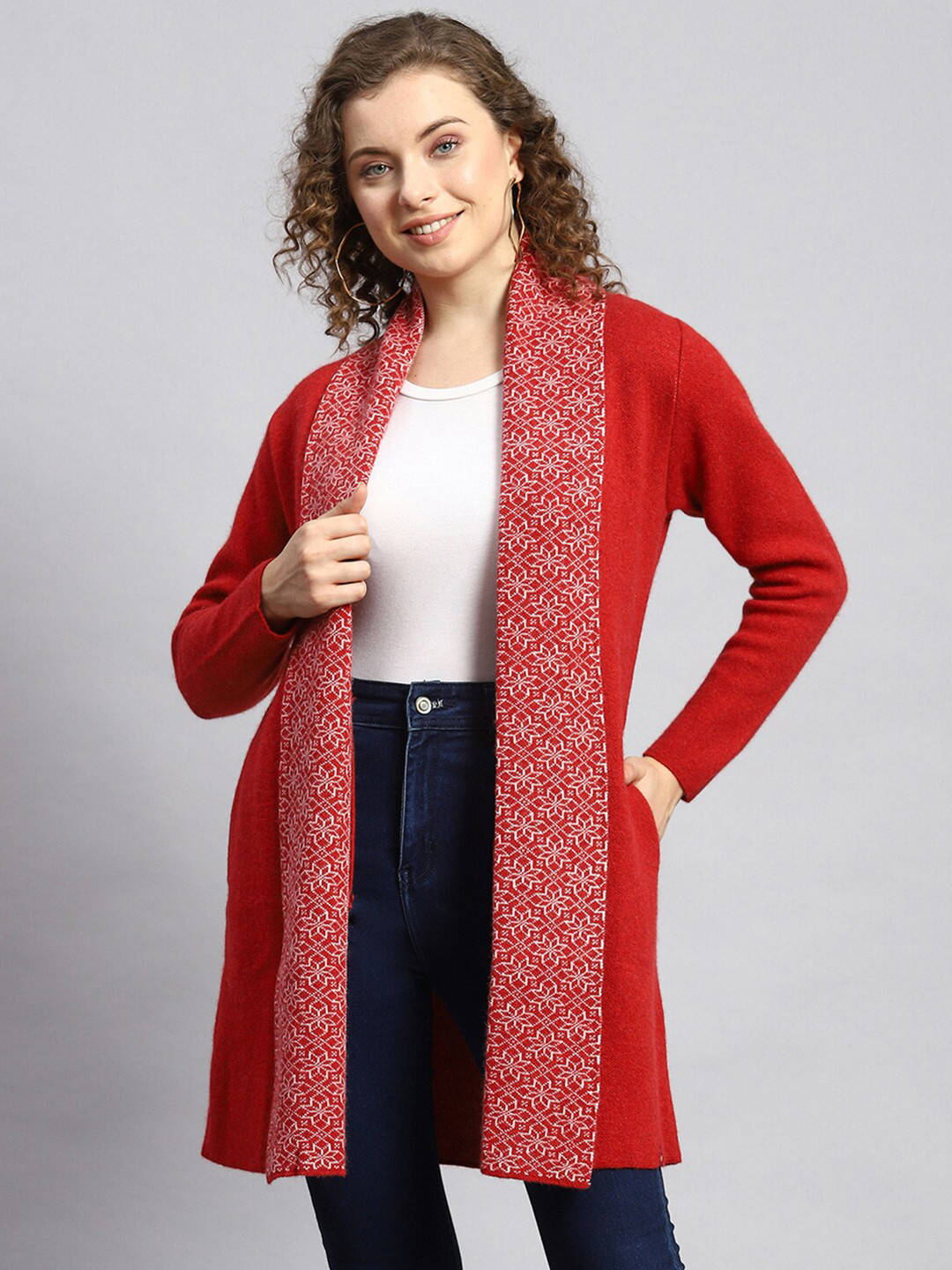 

Monte Carlo Floral Self Design V-Neck Woollen Sweaters, Red