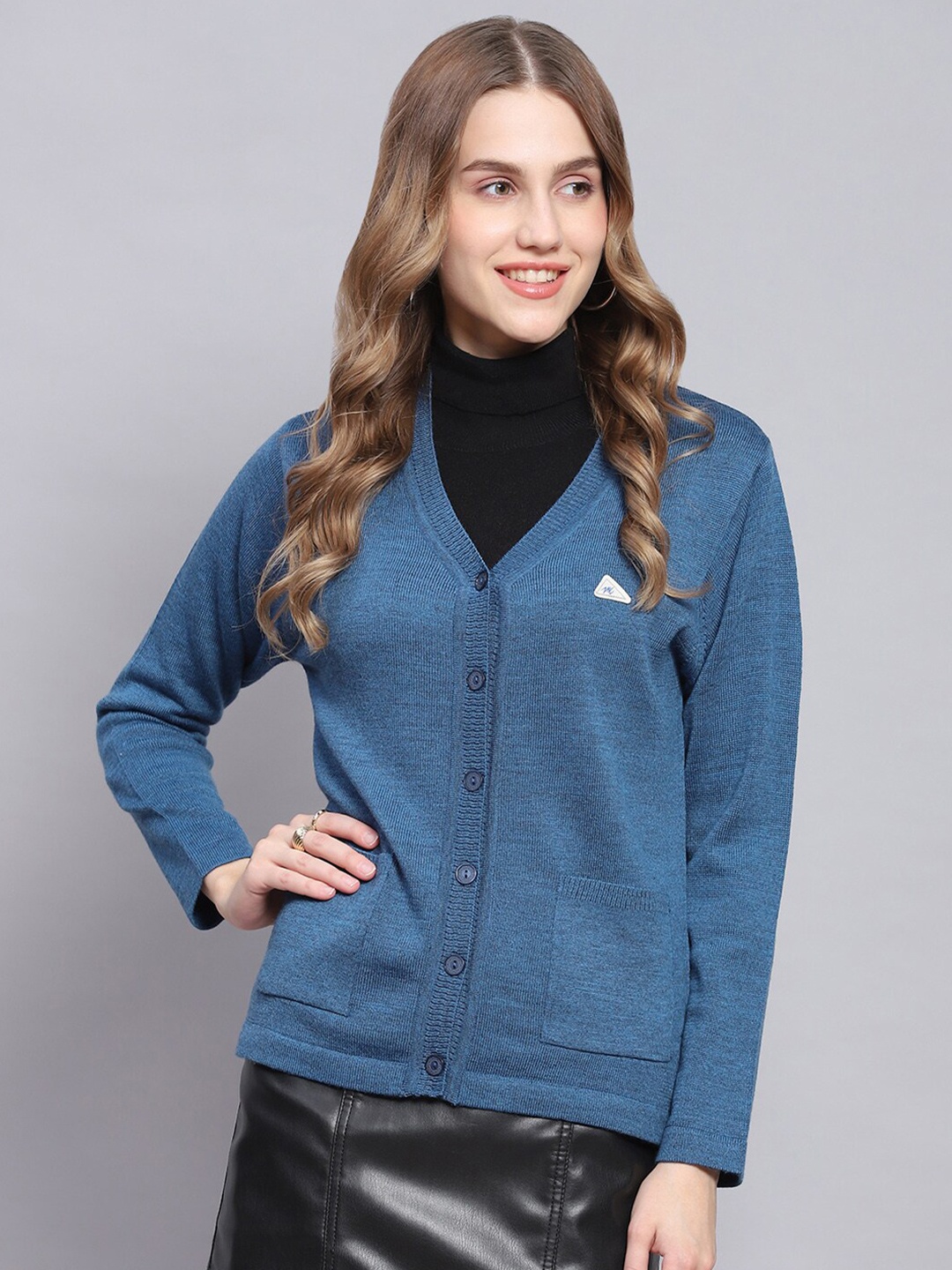 

Monte Carlo Ribbed V-Neck Pure Woollen Cardigan, Blue