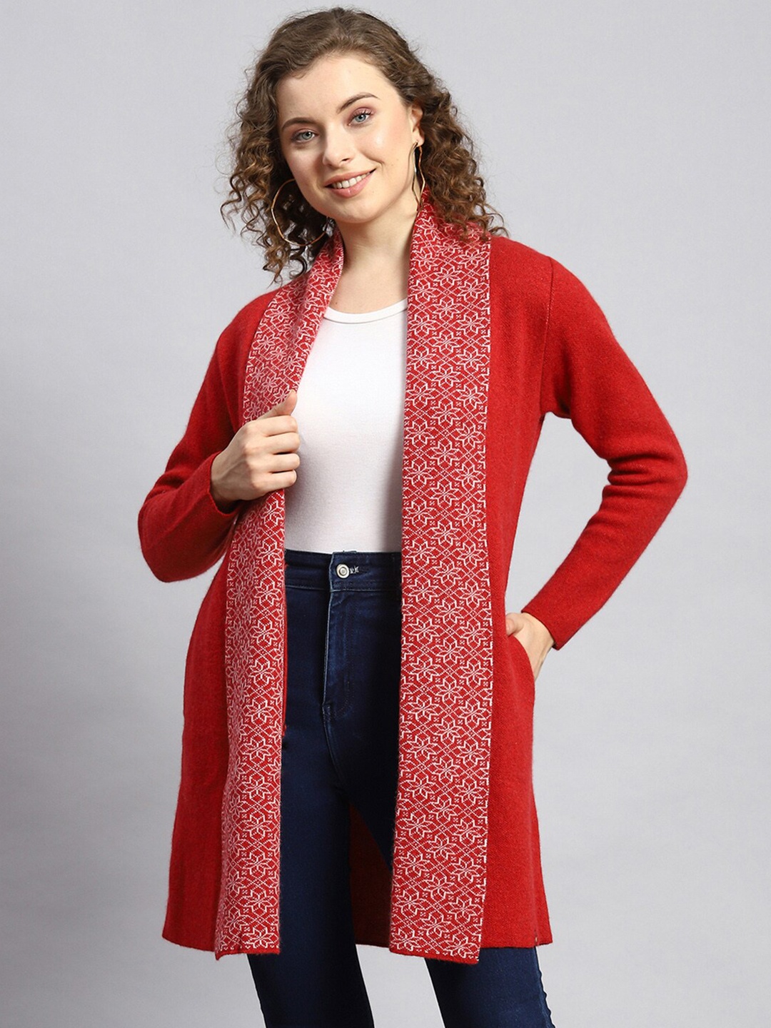 

Monte Carlo Floral Self Design Front-Open Woollen Sweater, Red