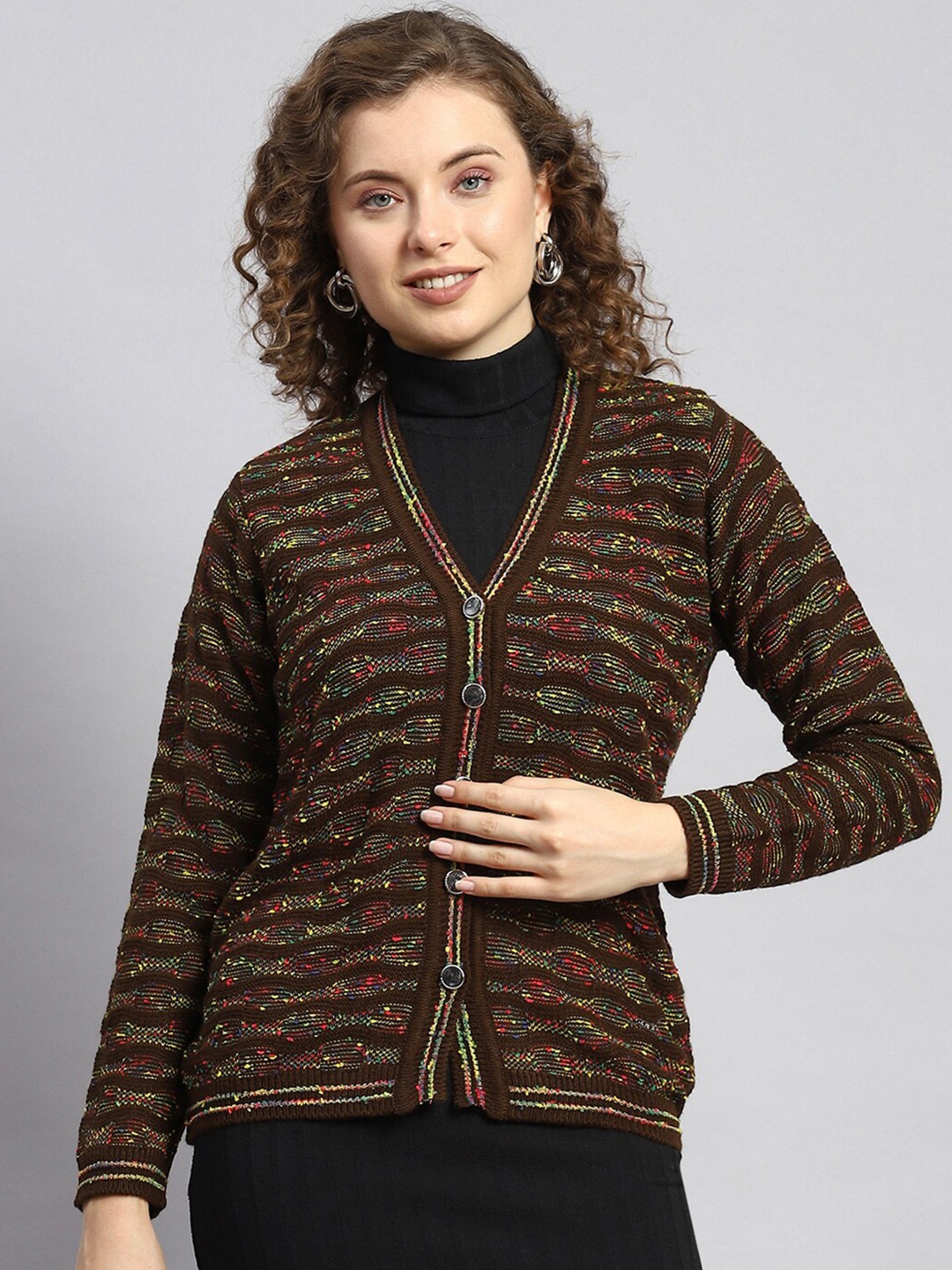 

Monte Carlo Self Design Cable Knit V-Neck Woollen Cardigan, Brown