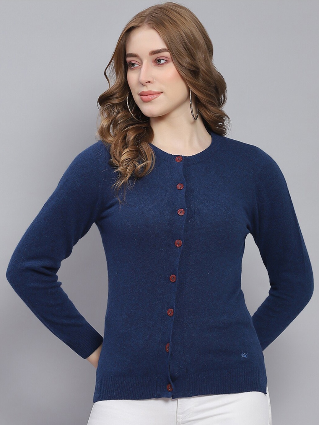 

Monte Carlo Round Neck Long Sleeves Woollen Cardigan, Blue