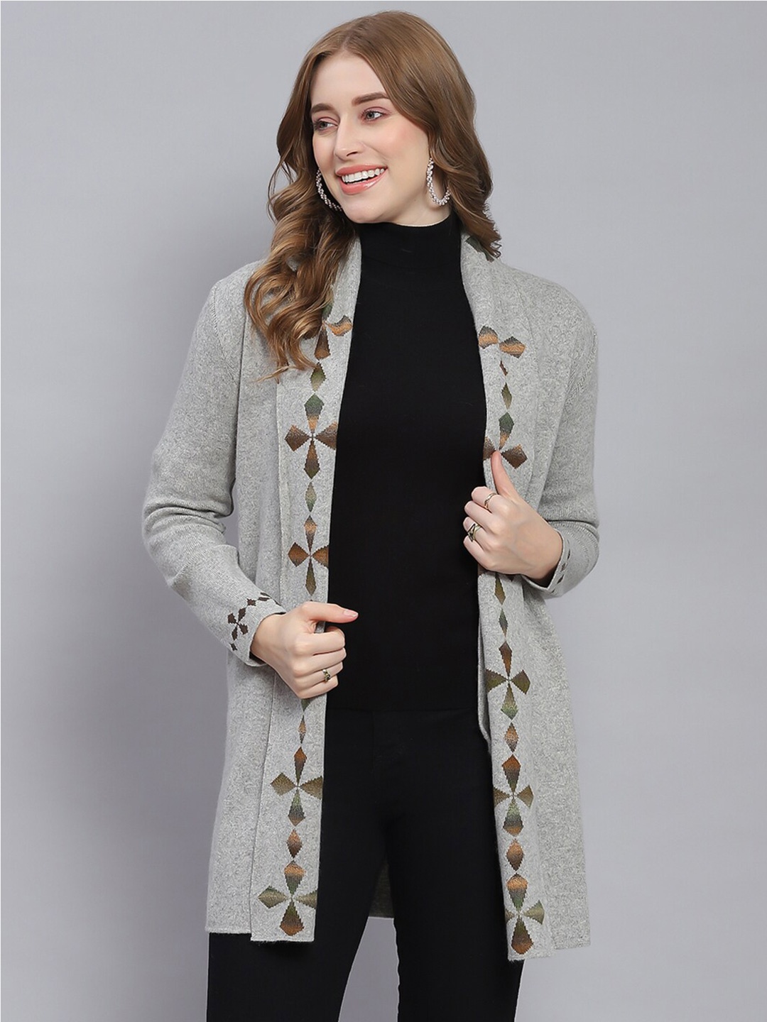 

Monte Carlo Geometeric Self Design Woolen Front-Open Sweater, Grey