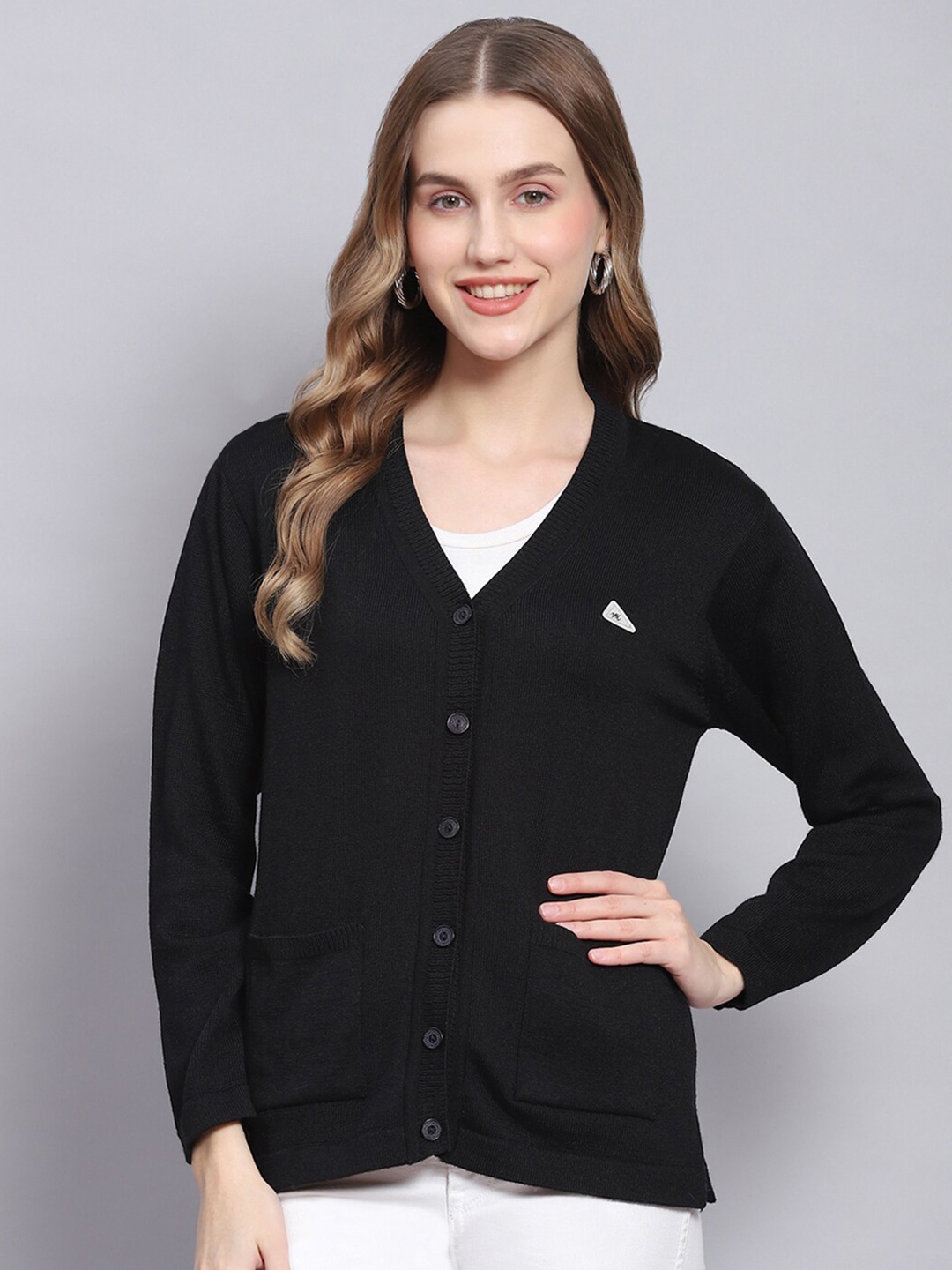 

Monte Carlo V-Neck Ribbed Woollen Cardigan, Black