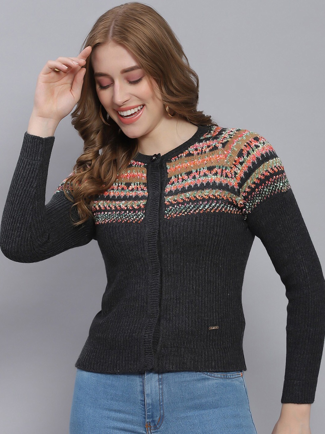 

Monte Carlo Self Design Woollen Cardigan Sweater, Black