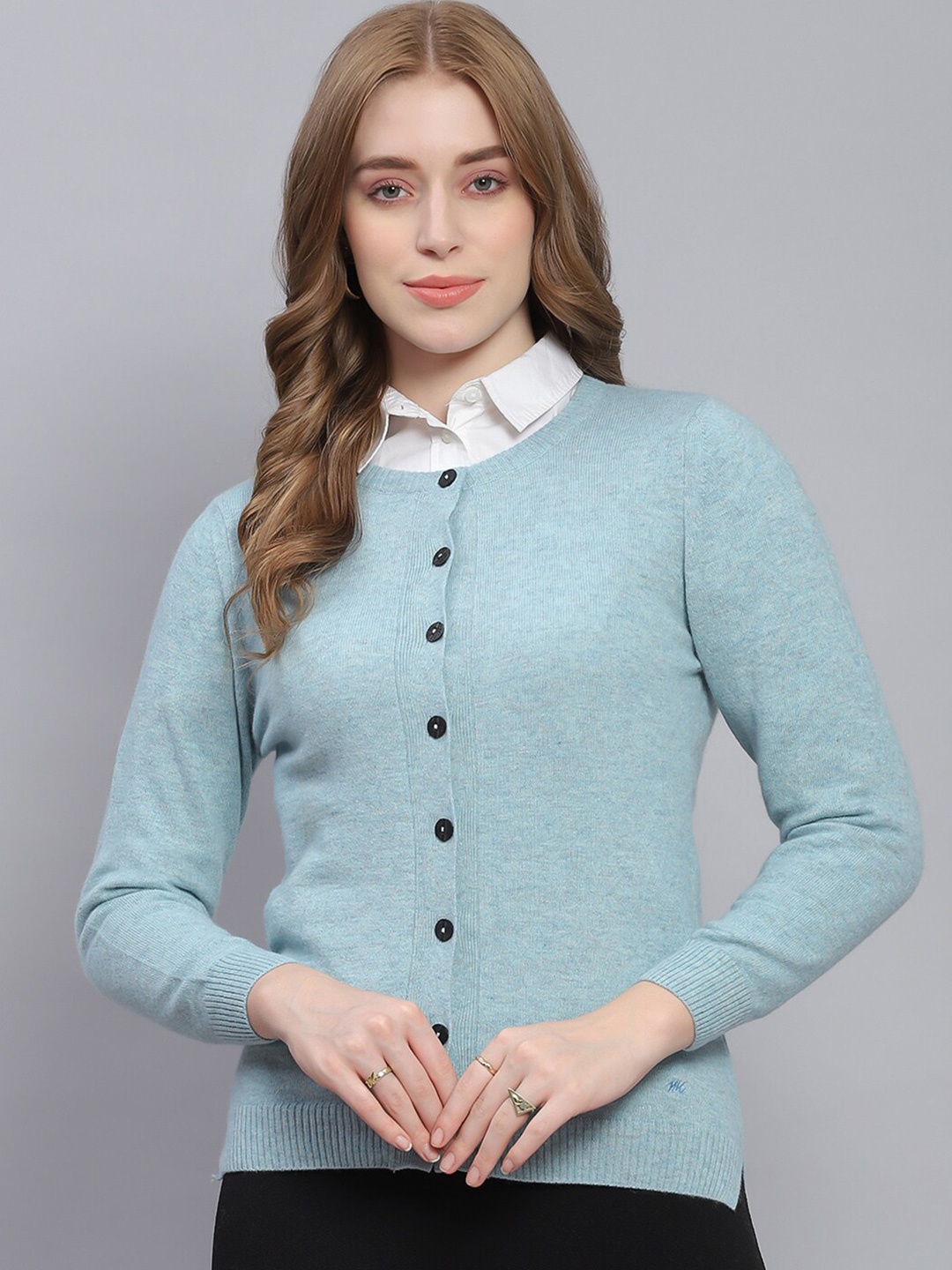 

Monte Carlo Round Neck Long Sleeve Woolen Cardigan Sweaters, Blue