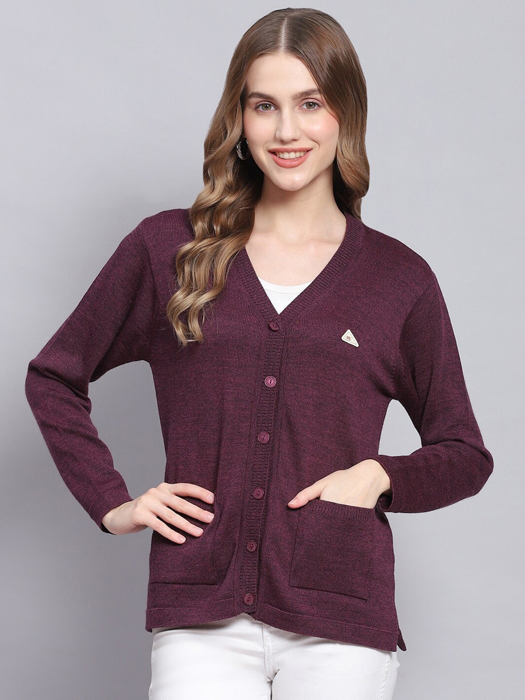 

Monte Carlo V-Neck Long Sleeves Woolen Cardigan, Burgundy